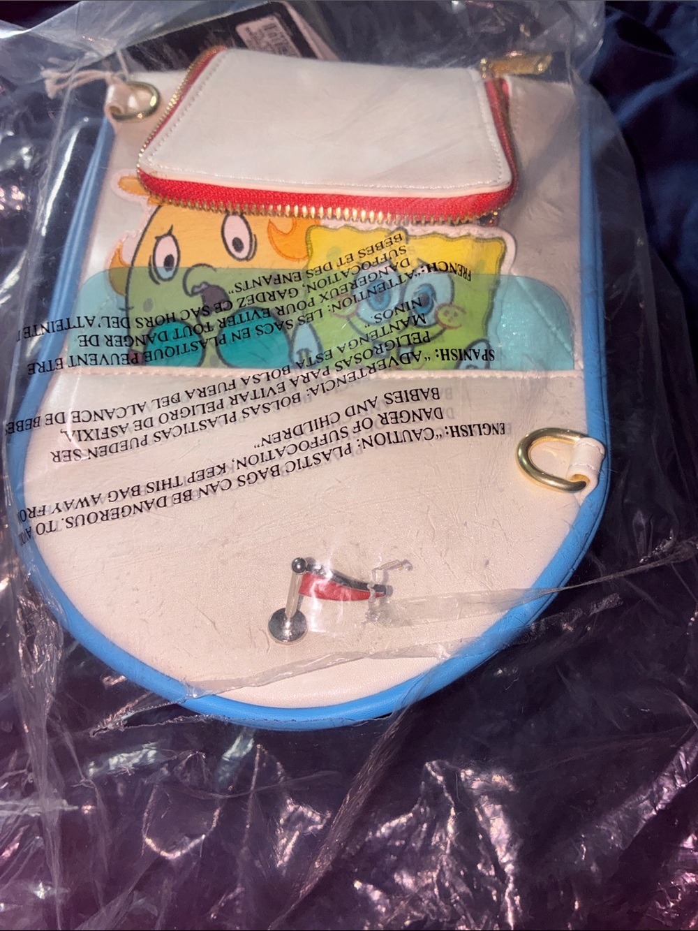 White and Blue Cartoon Crossbody Bag with Red Trim loungefly